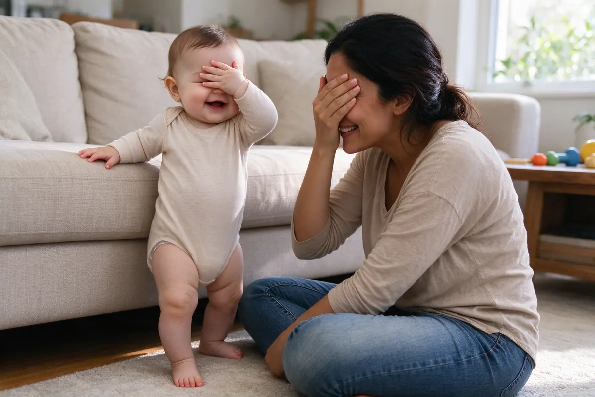 The baby standing at the sofa holding on with one hand, the other hand pressed over her own eyes, the mother on the floor in front of her covering her face the same way, both mid-grin.
