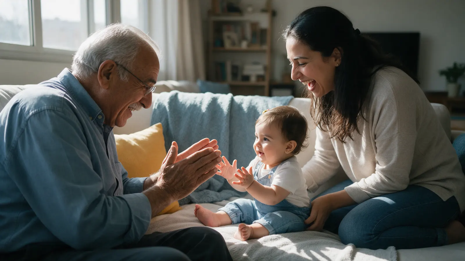 A Middle Eastern grandfather and his ten-month-old granddaughter facing each other on a sunny sofa, her palms up and his hands hovering to clap them, the mother kneeling beside, laughing.