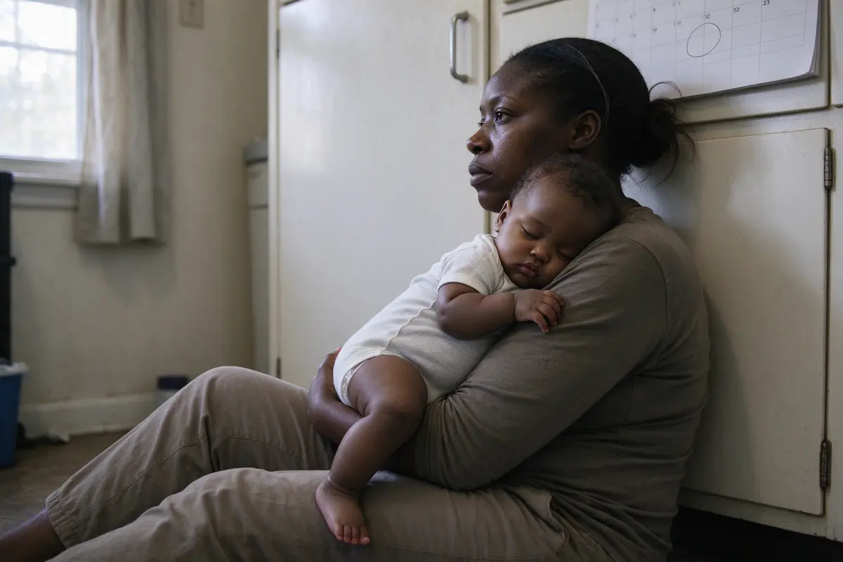 The mother sitting on the kitchen floor with her back to the cabinets, a wall calendar above her with the birthday circled, the baby asleep on her shoulder, her eyes on the window.