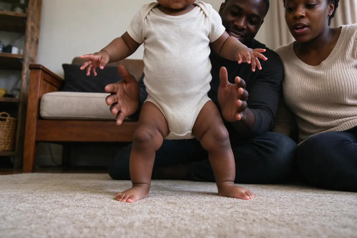 From floor level: the baby's bare feet planted on the rug, both hands off the sofa and held out for balance, the father's open hands an inch behind, the mother's lips mid-count.
