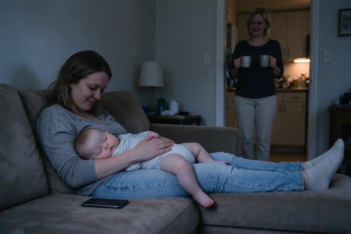 One mother on the sofa with a phone face down on the cushion beside her, the baby asleep across her lap, the other mother in the kitchen doorway holding up two mugs, evening light.