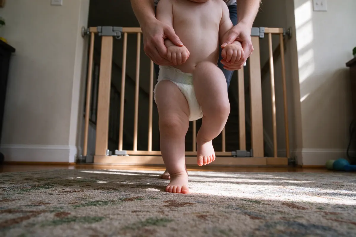 Close on the baby's bare feet mid-step on the rug, one foot lifted high, two adult hands holding both small hands from above, a stair gate latched in the hallway behind.