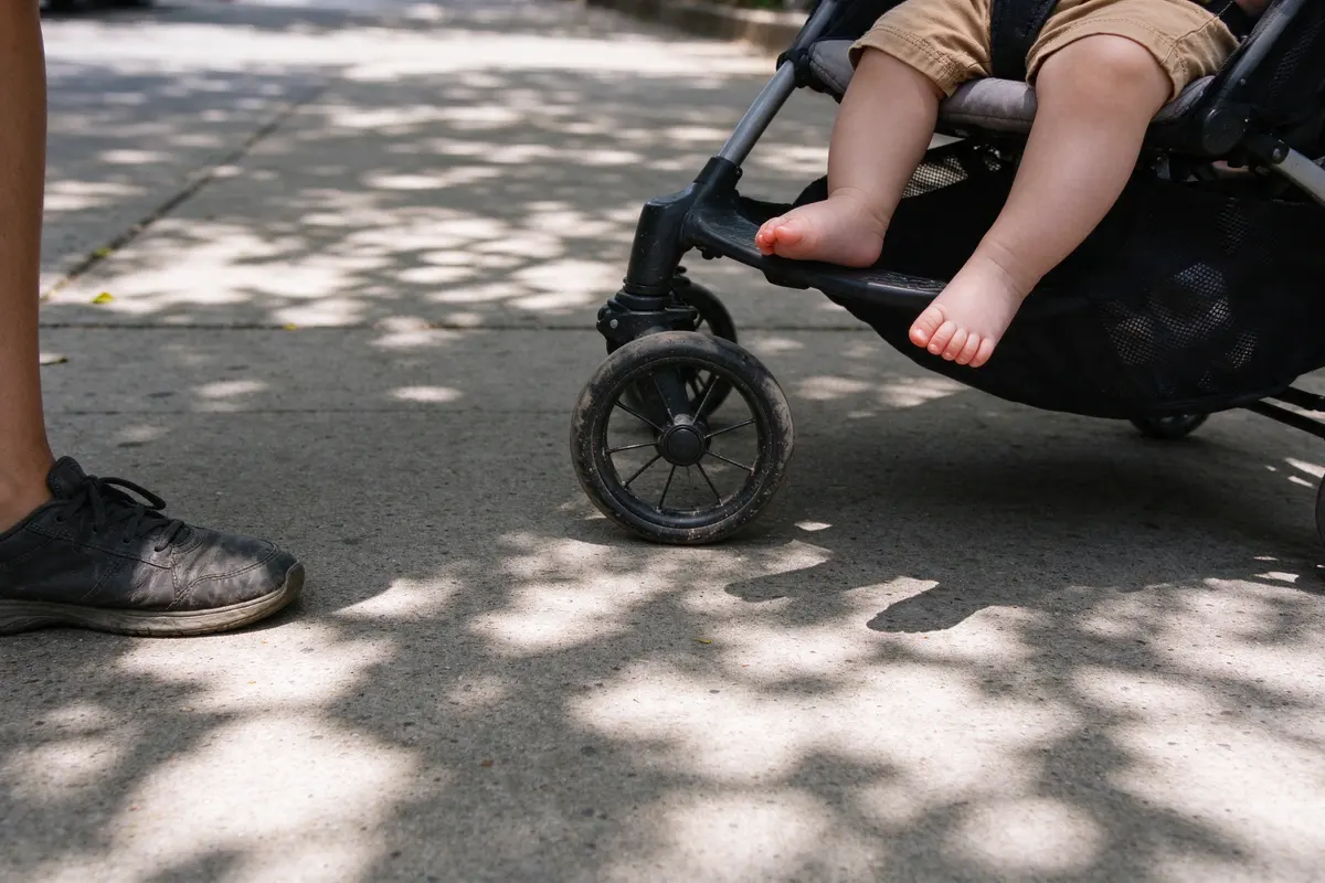 The mother's own feet in worn flat sneakers on a sidewalk beside the stroller's front wheel, the baby's bare feet dangling from the seat above, dappled afternoon shade.