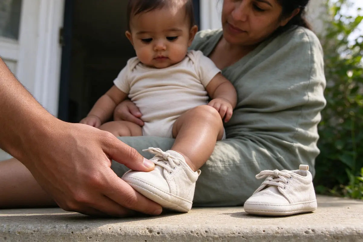 Close on the father's thumb pressing the toe of a small soft sneaker on the baby's foot, the baby sitting on the mother's lap looking down at it, a second shoe on the step.
