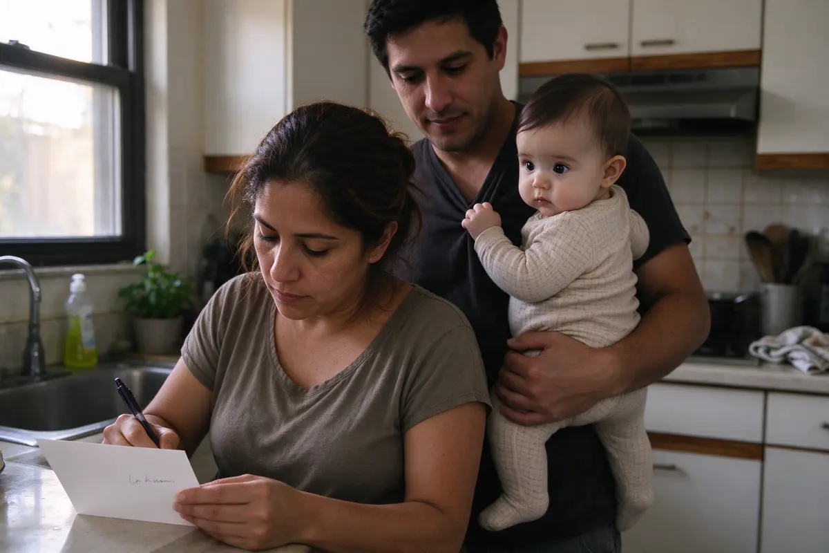 The mother at the kitchen counter writing one line on the back of an appointment card, the baby on the father's hip behind her pulling at his collar, afternoon light on the window.