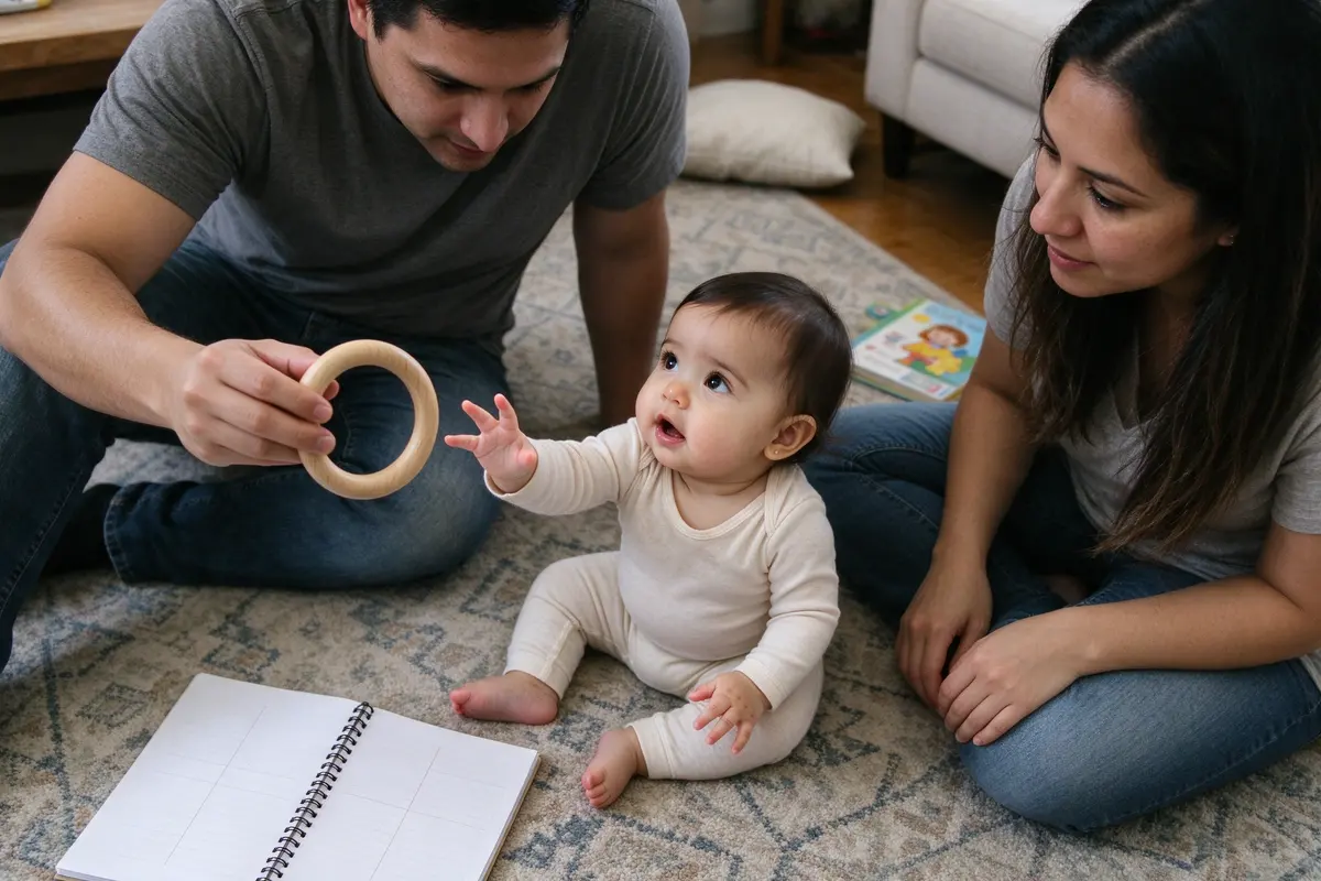 From above: the baby on the rug between the parents, a wooden ring held out to her right by the father, her right hand opening toward it, the mother's notebook beside her with two columns.
