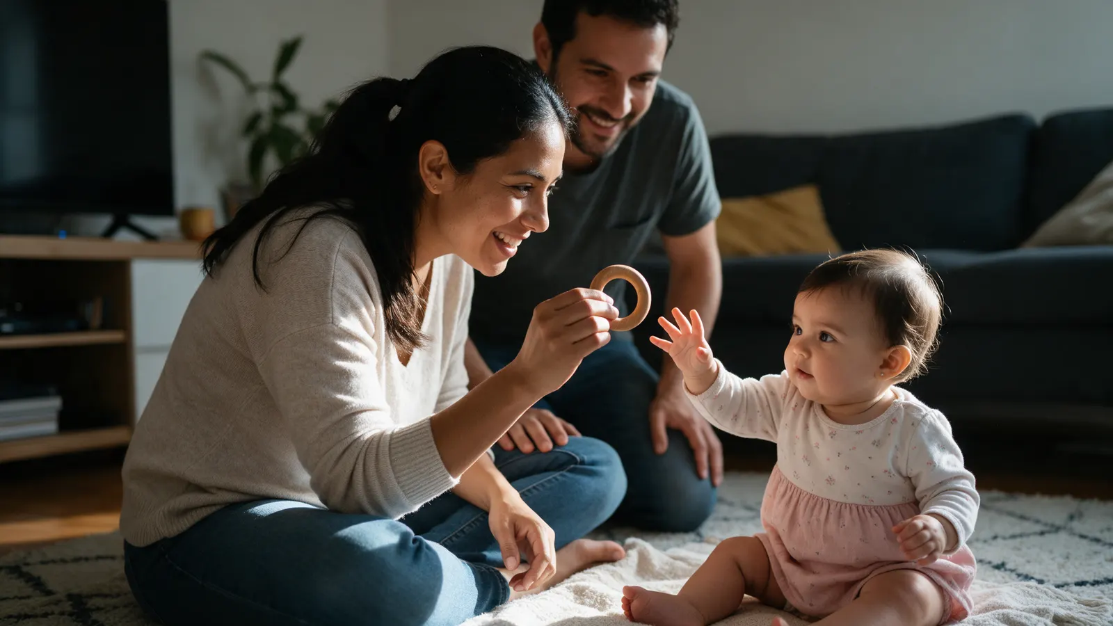 A Latina mother on a living-room rug in morning light holding a wooden ring out to the left of her forty-four-week-old daughter, who reaches for it left-handed, the father kneeling behind.