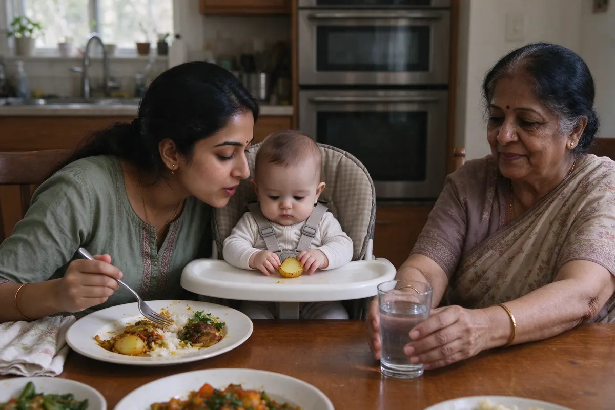 The mother sitting at the table with her own full plate, fork in hand, eating while the baby beside her in the high chair studies a piece of potato, the grandmother passing a glass of water.
