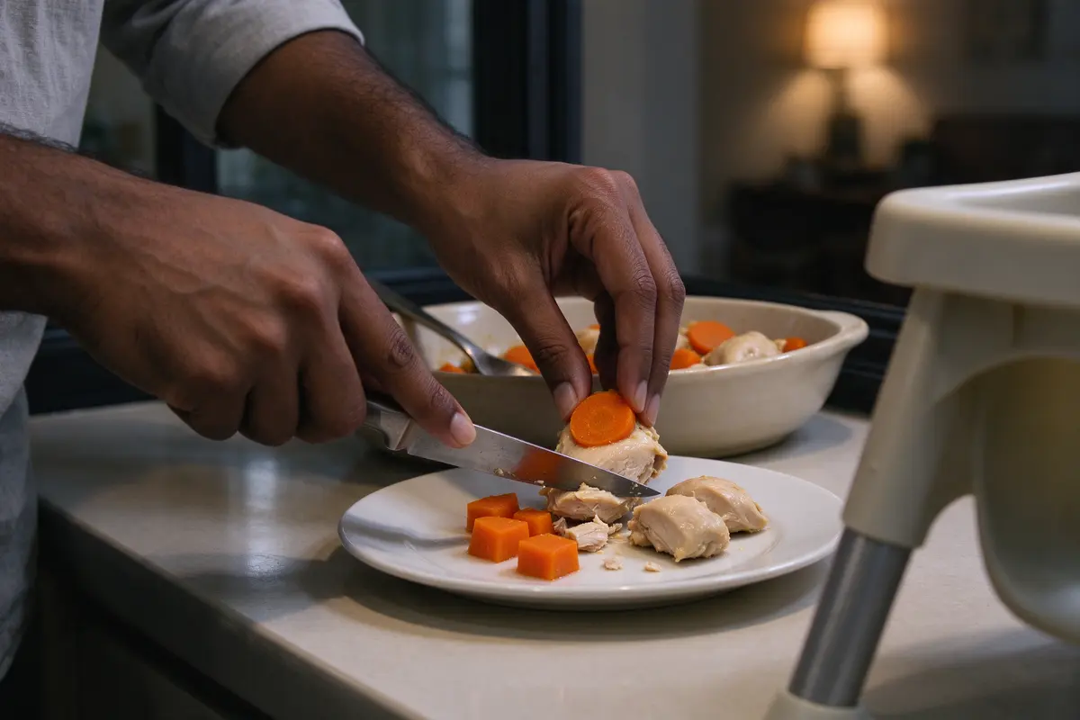 Close on the father's hands at the counter cutting cooked carrot and chicken from the family dish into tiny pieces on a small plate, the unsalted serving dish behind, the high chair at the edge.