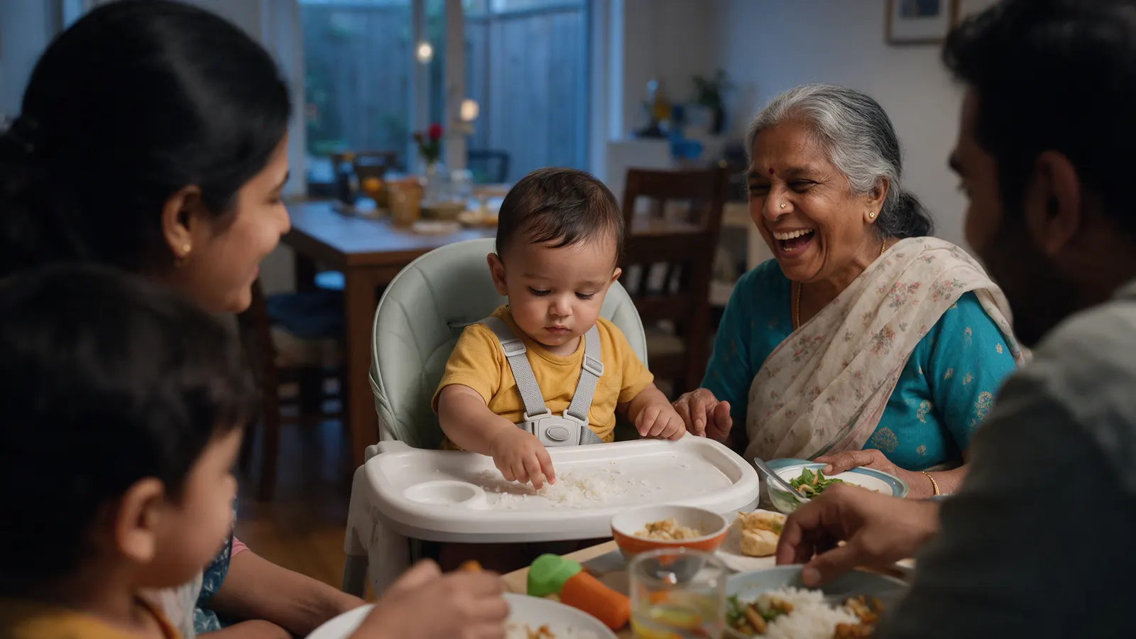 A South Asian family at a small dinner table in evening light, the forty-four-week-old in a high chair with the harness on pinching rice from his tray, the grandmother laughing beside him.