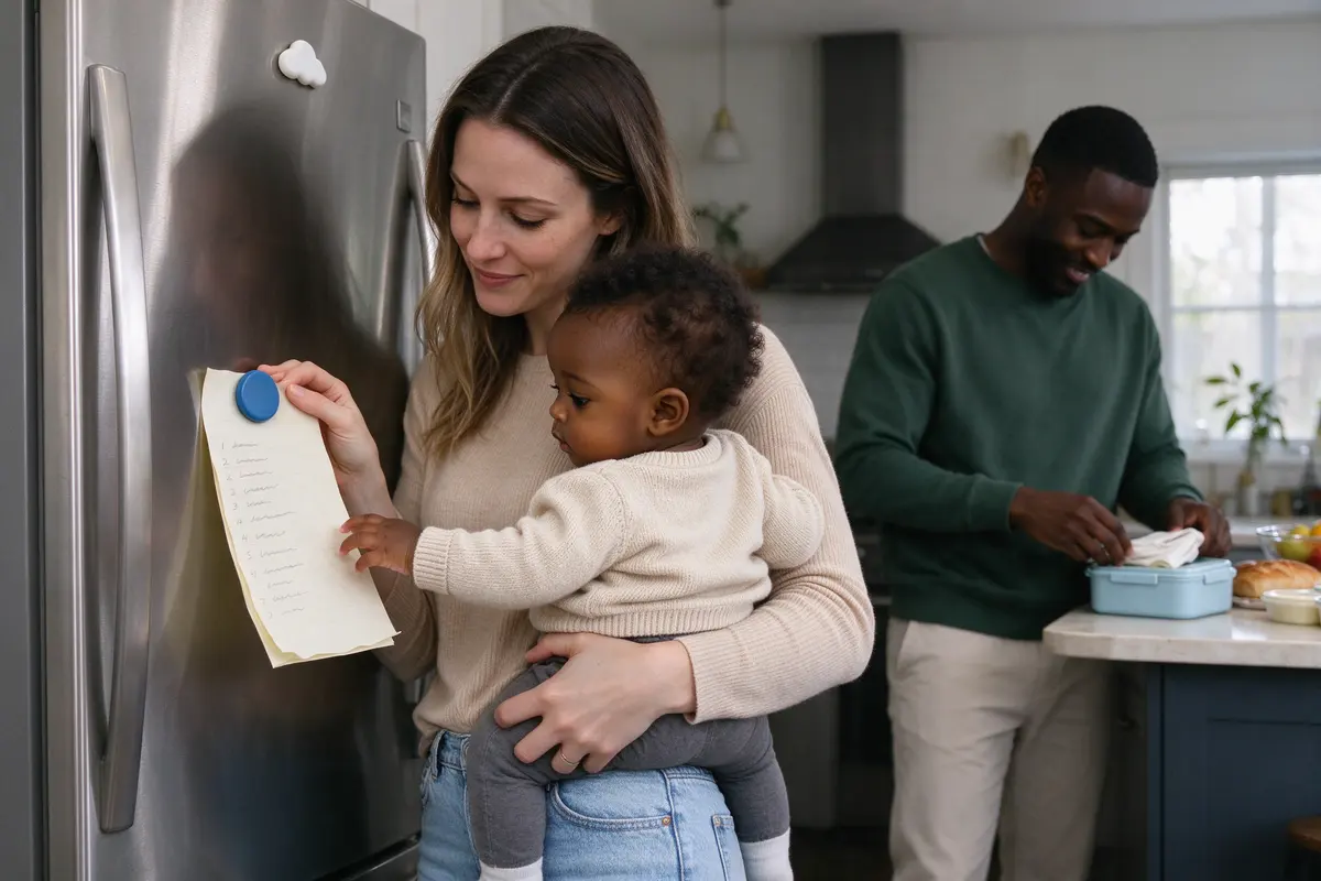 The mother pressing a handwritten list onto the fridge door with a magnet, the baby on her hip reaching for the magnet, the father's lunchbox-packing visible at the counter behind.