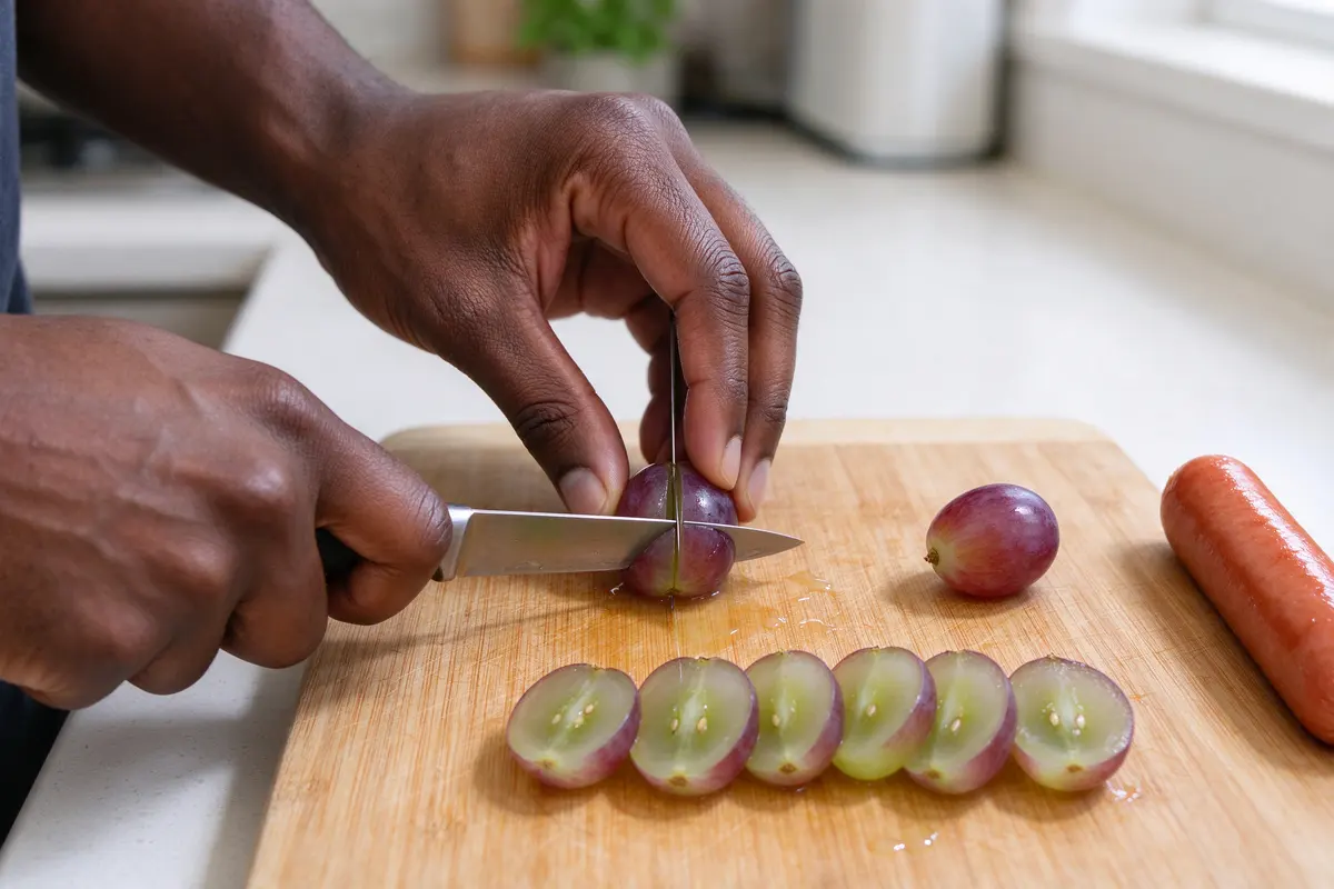 Close on the father's hands quartering a grape lengthwise on a wooden board beside a row of cut quarters, a whole grape and a hot dog set apart at the board's edge, no baby in frame.