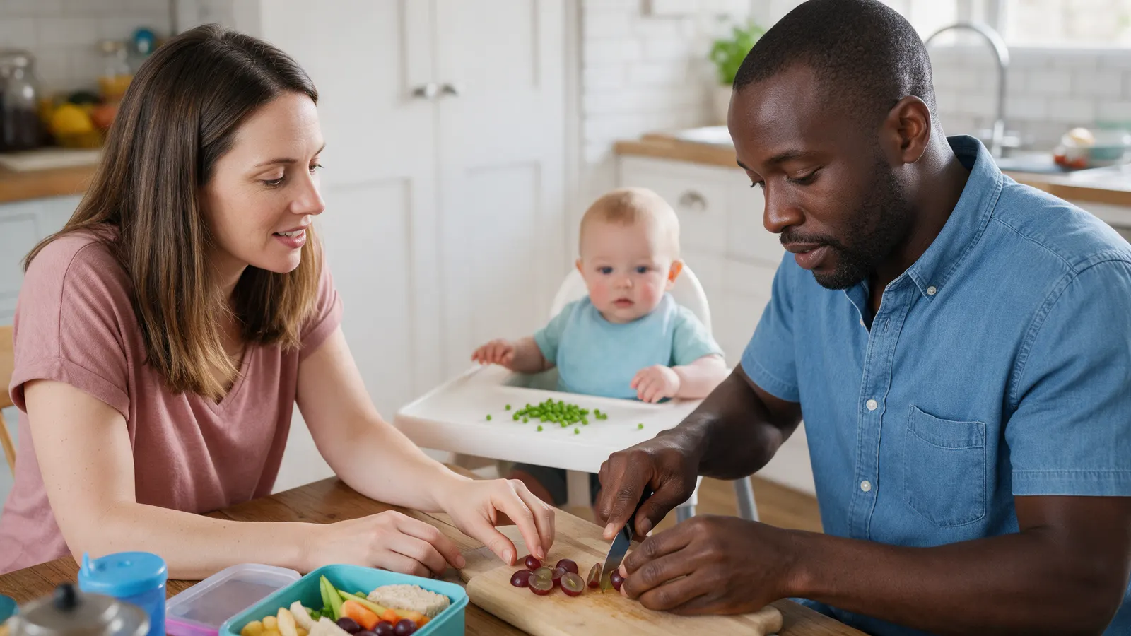 A white mother and a Black father in a bright kitchen, the father slicing grapes lengthwise for an older child's lunchbox, their forty-four-week-old in the high chair behind with peas on the tray.