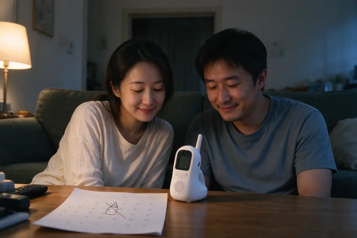 The mother and father on the sofa after bedtime with the baby monitor between them, a calendar page on the coffee table with one bottle drawn and crossed out, both looking tired and pleased.