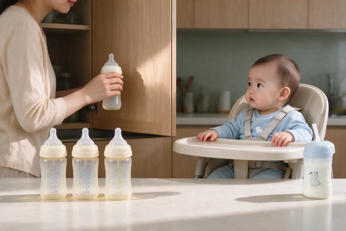 The kitchen counter in morning light: three bottles in a row and one straw cup, the mother's hand moving a fourth bottle into a cupboard, the baby in the high chair with the harness on watching.