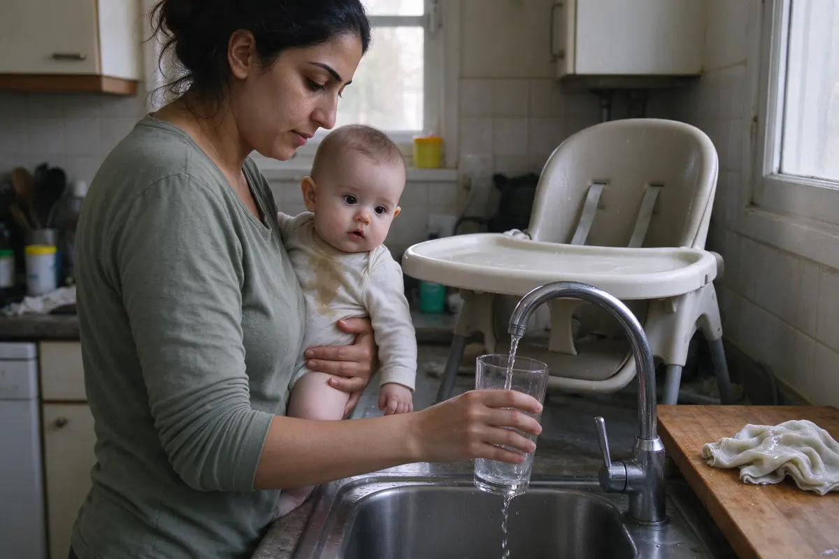 The mother filling her own tall glass at the kitchen tap, the baby on her hip with a wet shirt front, a wiped-down high chair and a damp cloth on the table behind them.