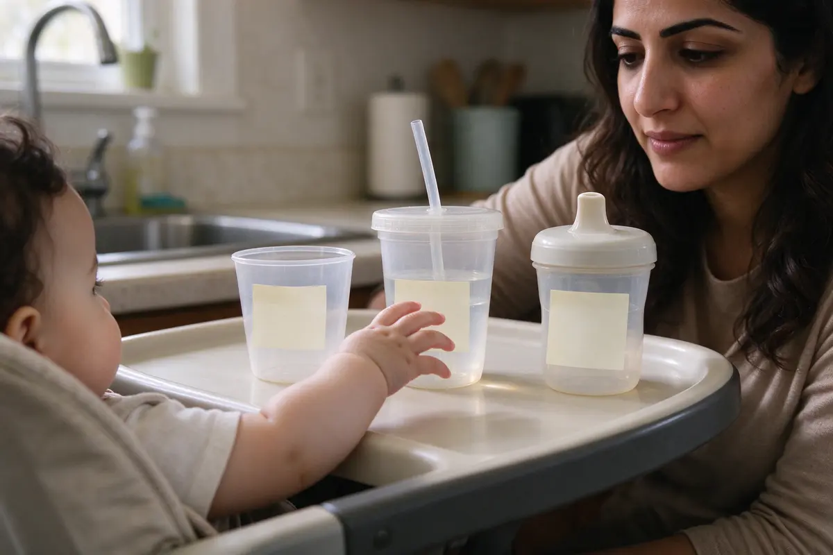 Three cups lined up on the counter in afternoon light, an open cup, a straw cup, and a valveless sippy, each with a sticky note, the baby's hand reaching across the high-chair tray toward the straw.