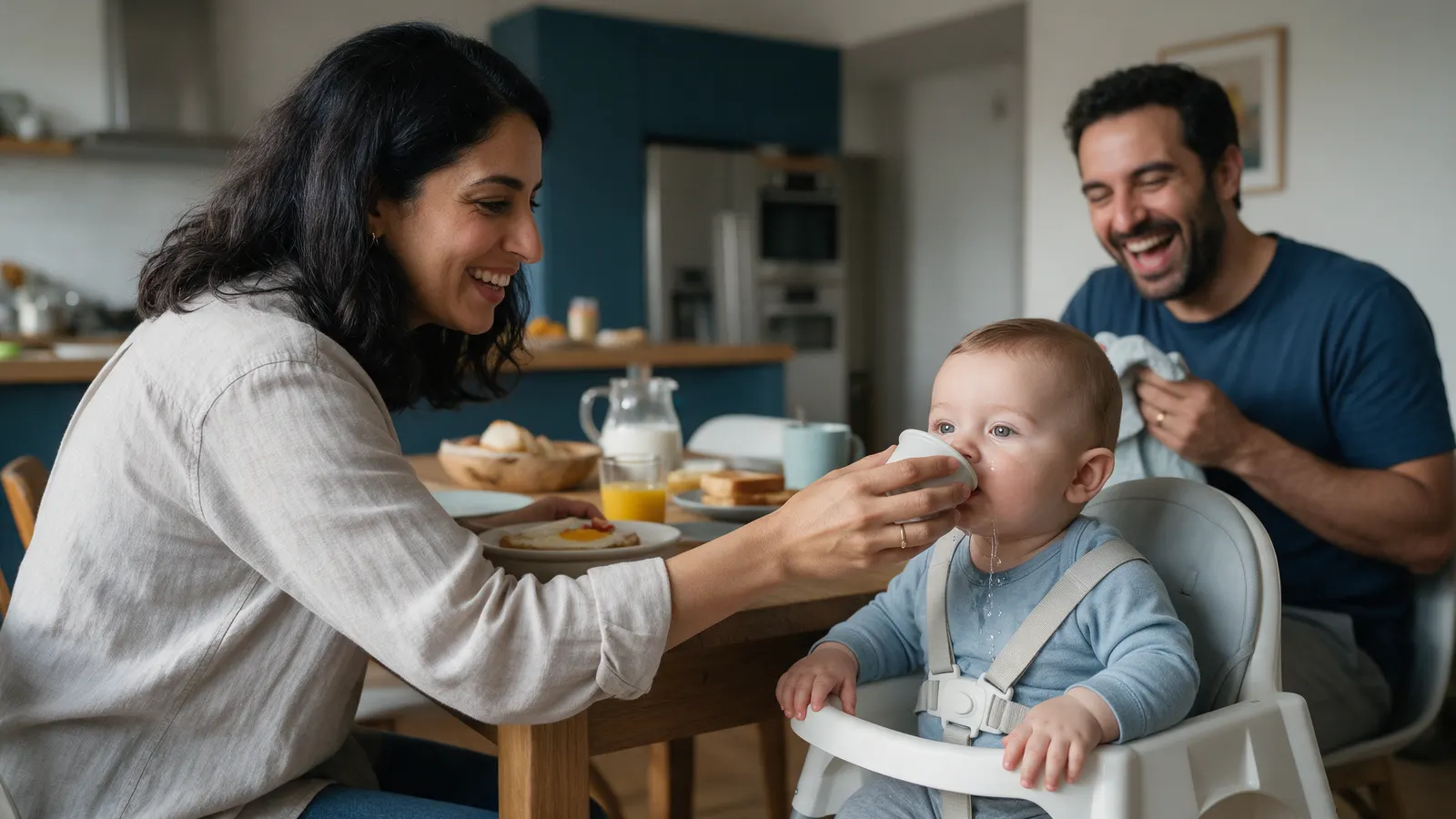 A Middle Eastern mother at a breakfast table holding a small open cup to the lips of her forty-five-week-old in a high chair with the harness on, water down his chin, the father laughing with a cloth.