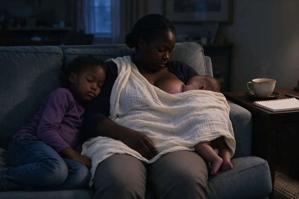 The mother on the sofa at dusk feeding the baby, a blanket over her shoulder, the older child asleep against her other side, a cold cup of tea on the side table by the notepad.
