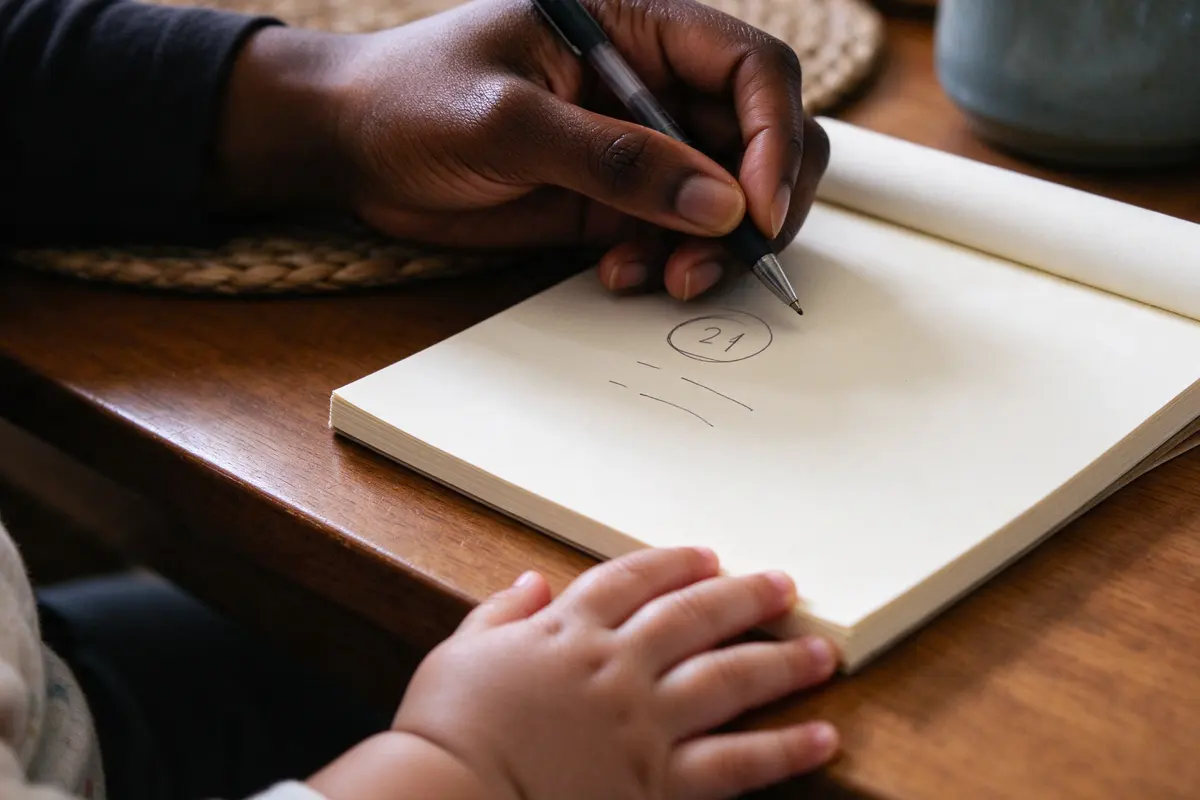 Close on the notepad on the table: two short handwritten lines under a circled date, the mother's pen resting on it, the baby's hand flat on the table edge at the bottom of the frame.