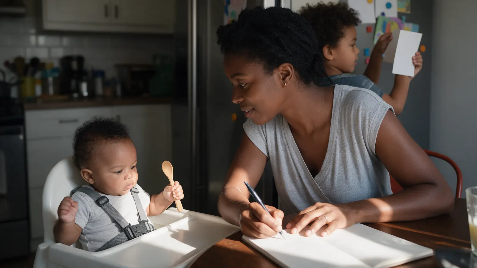 A Black mother at a kitchen table in afternoon light writing on a notepad, her forty-five-week-old in the high chair beside her, harness on, holding a wooden spoon, a sibling reading the fridge.