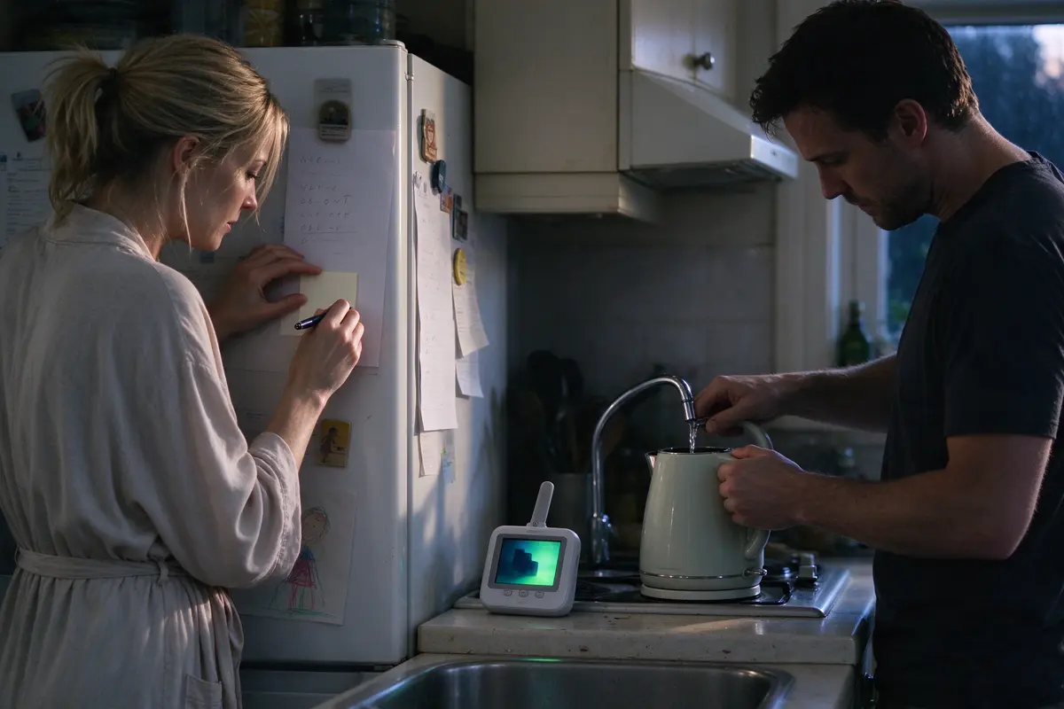 The kitchen at dawn, the mother in a dressing gown writing one question on a sticky note on the fridge beside the bottle map, the baby monitor glowing on the counter, the father filling the kettle.