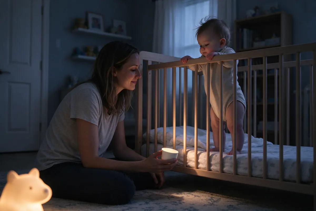 The nursery at 3 a.m. by nightlight: the mother sitting on the floor beside the crib with a small open cup in her hand, the baby standing at the rail with the mattress at its lowest, settling.