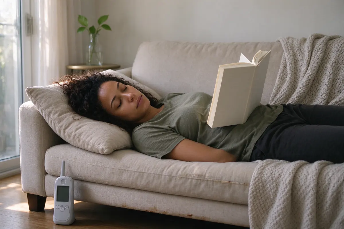 The mother lying on the sofa with her eyes closed during the second nap block, a book open face-down on her chest, the baby monitor on the floor beside her, afternoon light across the room.