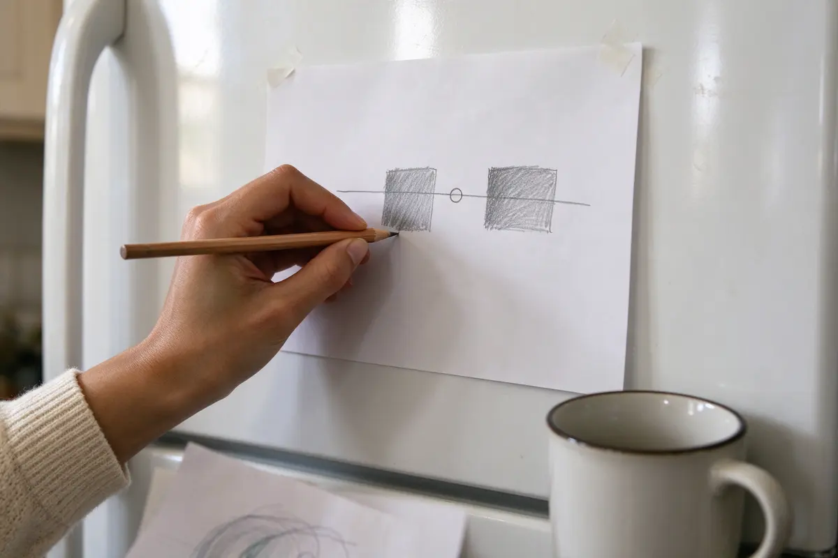 Close on the paper on the fridge: a hand-drawn line from 6 a.m. to 8 p.m. with two shaded nap blocks and a circled bedtime, the mother's pencil adding today's times, the father's mug beside.