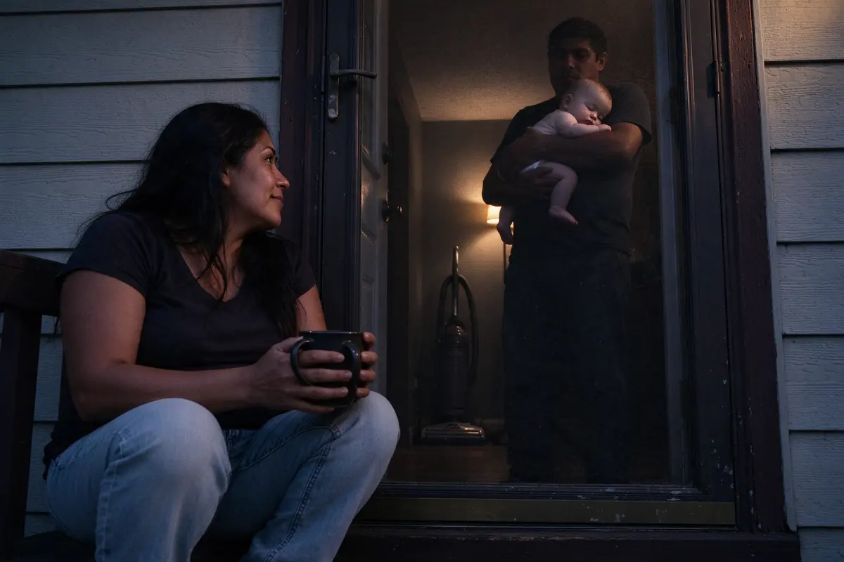 The mother sitting on the back step at dusk with a mug, the baby asleep inside on the father's chest visible through the screen door, the vacuum parked in the hall behind them.