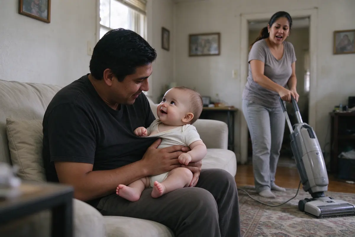The father sitting on the sofa with the baby on his lap, the baby's fist in his shirt, the mother across the room running the vacuum over the rug with her face turned to them, smiling, mid-sentence.