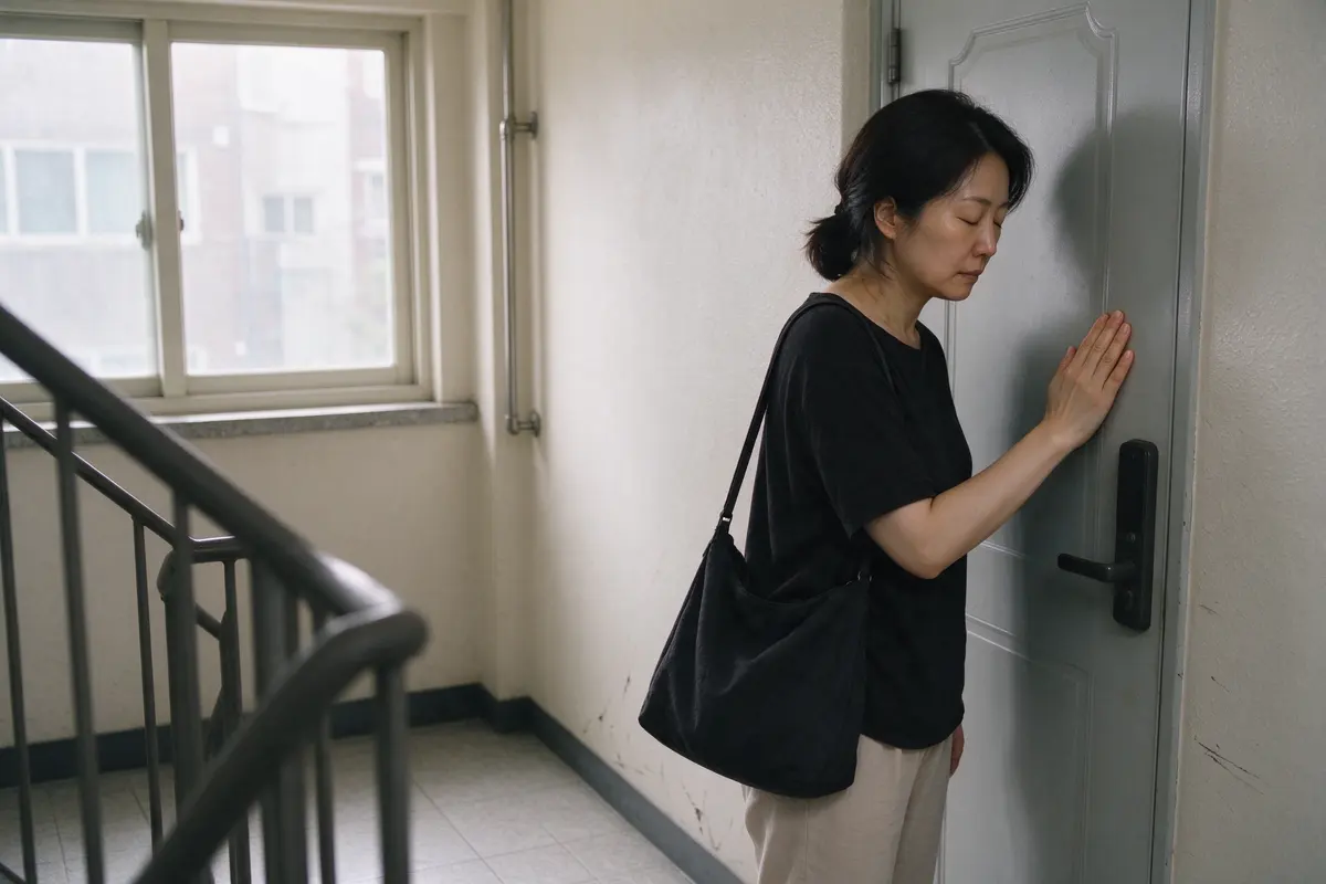 The mother in the stairwell outside the closed apartment door, bag on her shoulder, eyes closed for a breath with her hand still flat on the door, daylight from the landing window.