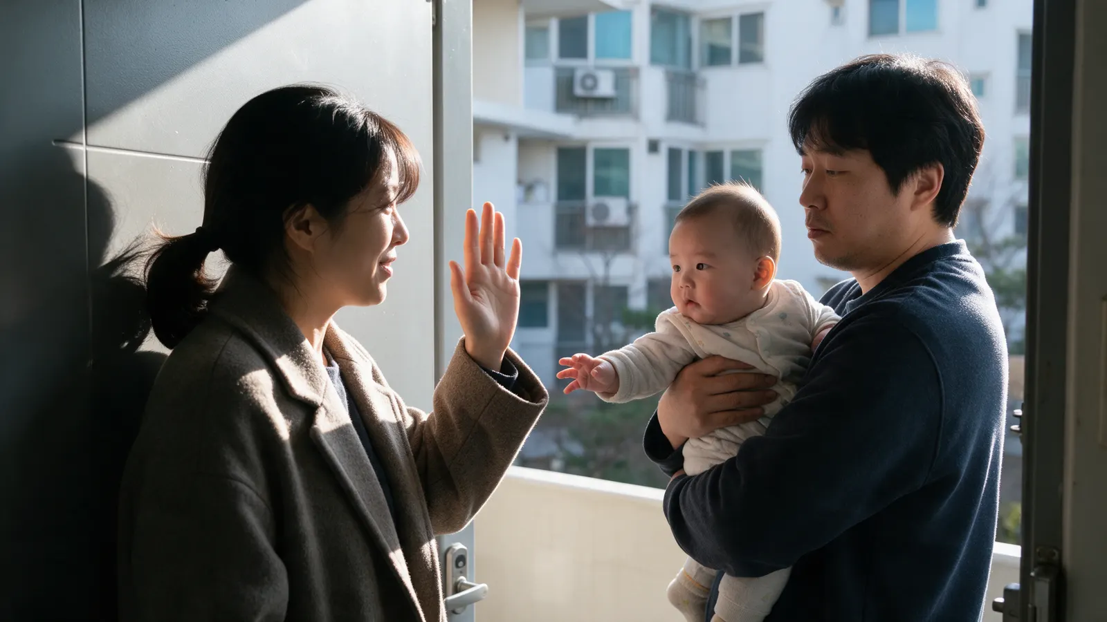 A Korean mother at an apartment front door in morning light, coat on, one hand raised in a wave, her forty-five-week-old on the father's hip reaching toward her, the father calm and a little tired.