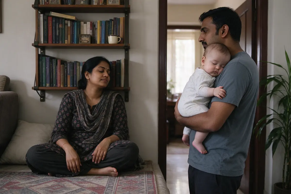 The mother sitting on the living-room floor with her back against the anchored bookcase, eyes closed, a mug on the top shelf above her, the baby asleep on the father's shoulder in the doorway.