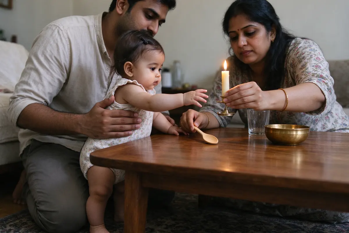 The father's hands at the baby's ribs as she stands at the coffee table and stretches for a candle, the mother lifting it away with one hand and sliding a wooden spoon toward her with the other.