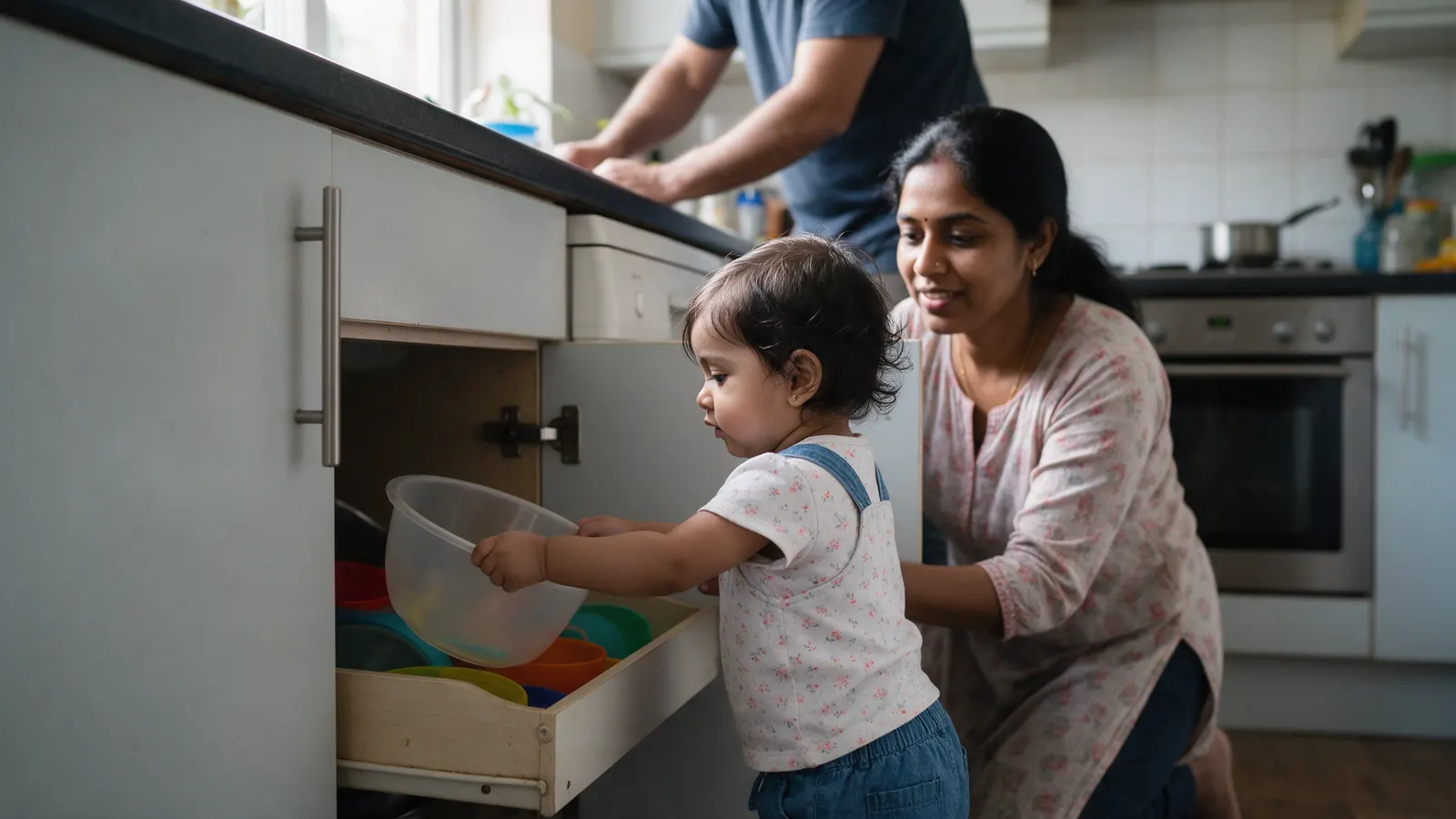 A South Asian mother kneeling behind her forty-six-week-old daughter, who stands at an open low kitchen cabinet pulling out a plastic bowl, the father at the counter in morning light.