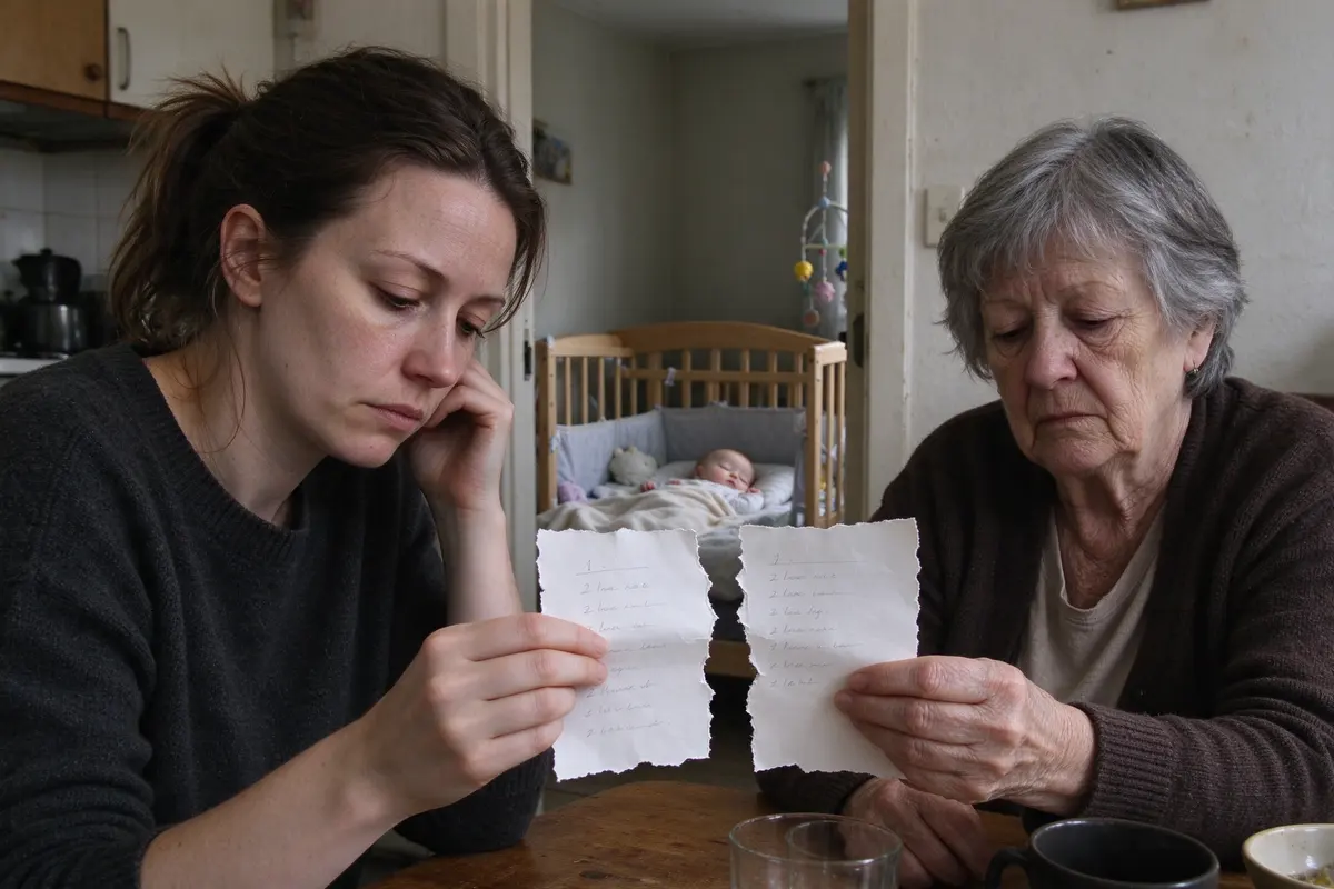 The mother and grandmother at the kitchen table with a room-by-room list torn in half between them, each holding a piece, the baby asleep in a bare crib visible through the doorway.