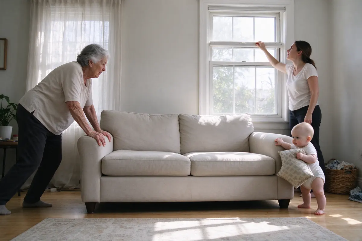 The grandmother sliding the sofa a foot away from the window, the baby standing at its far end holding the cushion, the mother testing that the top sash is the one that opens.