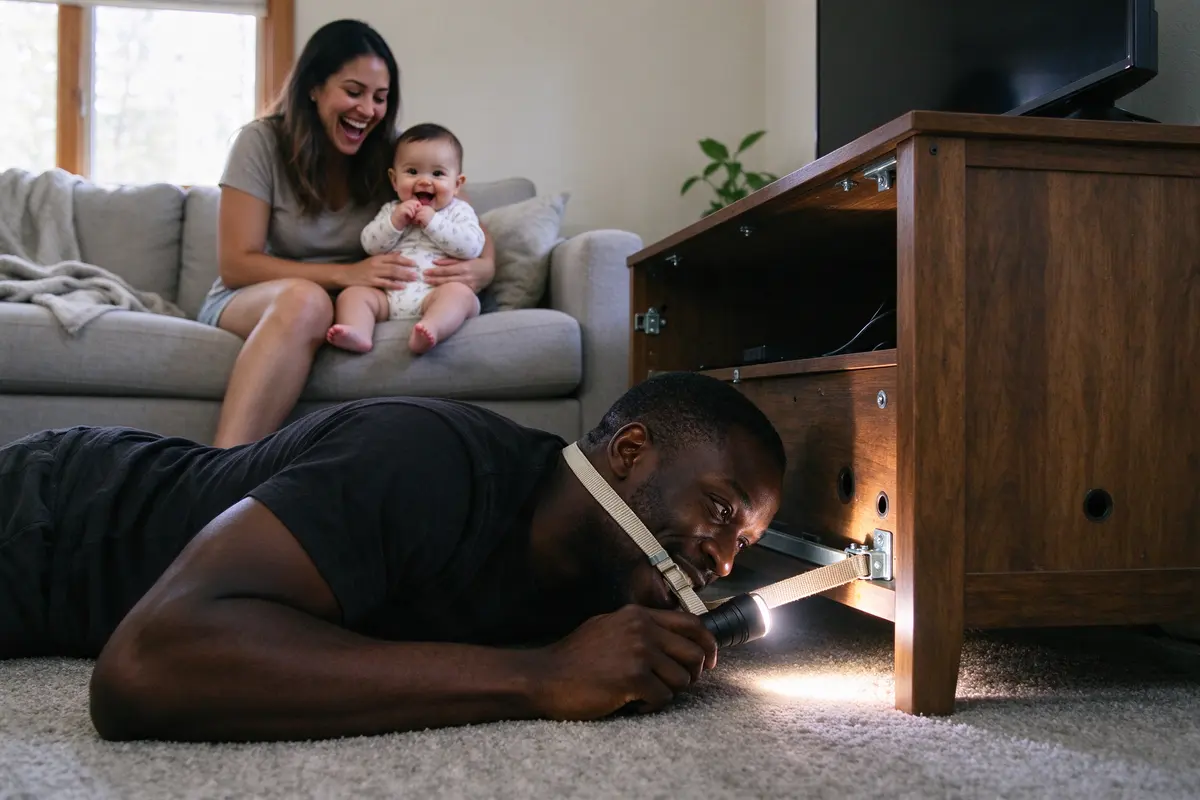 The father lying on the living-room floor looking up at the back of the TV stand with a flashlight, the strap in his teeth, the mother and baby on the sofa behind him laughing.