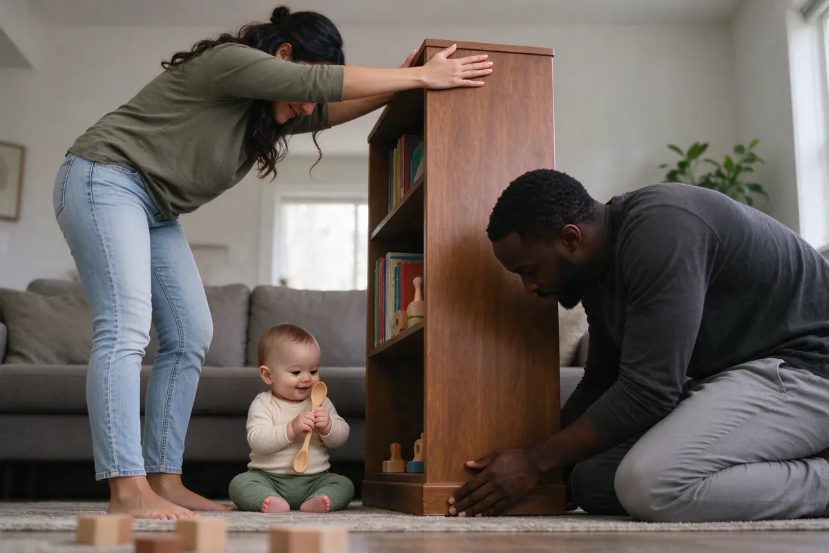 The mother pressing both palms against the top of a bookcase at the baby's reach height, the father watching the base for a rock, the baby on the rug behind them holding a wooden spoon.