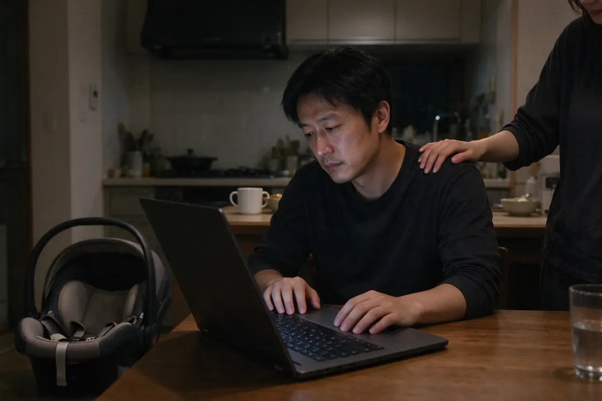 The father at the kitchen table at night with a laptop open to a convertible seat listing, the empty infant seat on the floor beside him, the mother's hand on his shoulder.