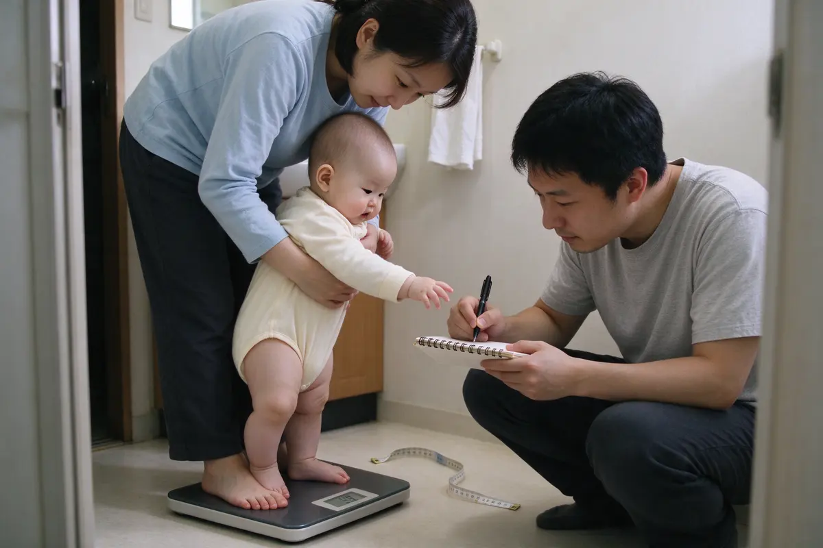 The mother standing on a bathroom scale holding the baby, the father writing the number on a notepad beside a tape measure, the baby reaching for the pen.