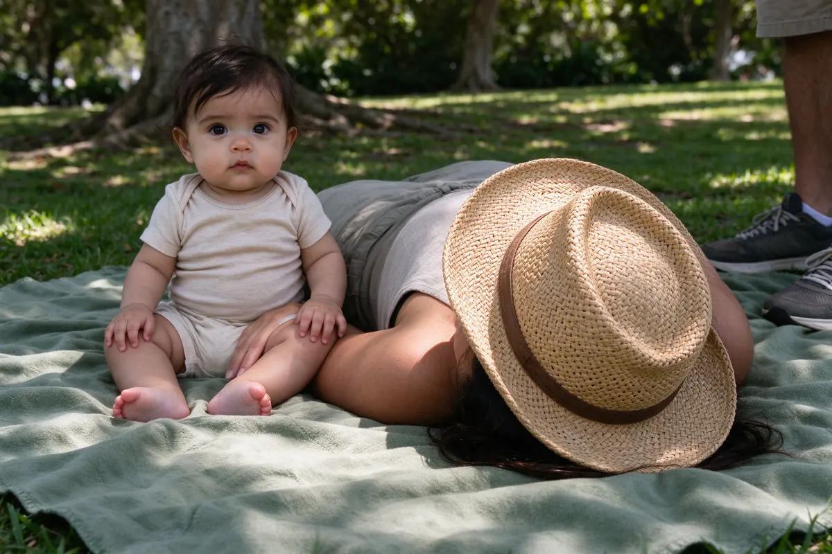 The mother lying back on the blanket with her own hat over her face, one hand resting on the baby's leg beside her, the father's sneakers at the edge of the frame.