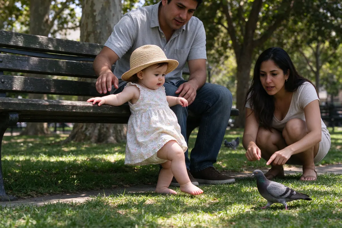 The baby cruising sideways along the park bench in bare feet on the grass, the father's hands hovering at her back, the mother pointing at a pigeon a few feet away.