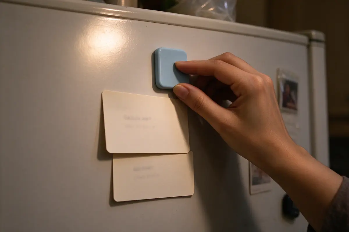 The fridge door by lamplight with two index cards under one magnet, the baby's card and a shorter one with the mother's own warning signs, her hand pressing the magnet flat.
