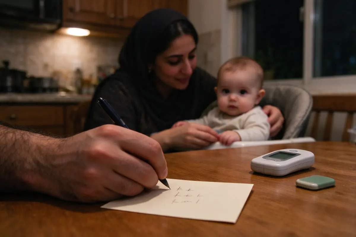 The father's hand writing three short lines on an index card at the kitchen counter, the thermometer and a magnet beside it, the mother and baby out of focus at the table.