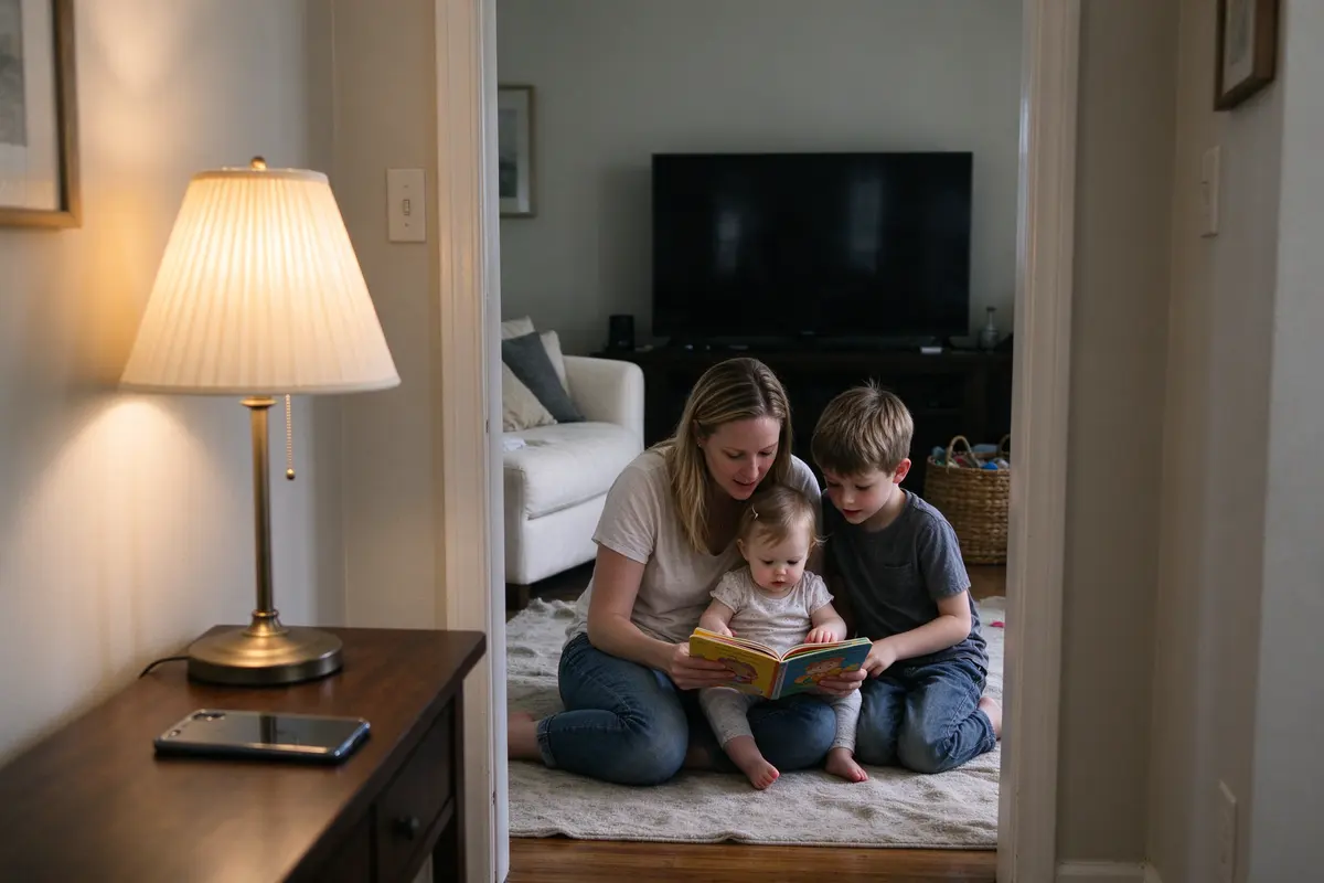 The mother's phone face-down on the hall table under a lamp, the living room beyond it where she sits on the floor with a board book open and both children leaning in.