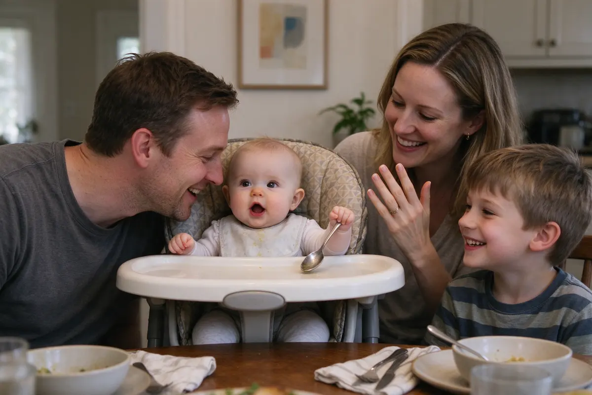 The father at the dinner table leaning toward the baby in her high chair, harness on, mid-babble with a spoon in her fist, the mother holding up fingers counting, the brother grinning.