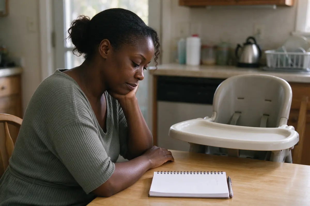 The mother alone at the same table with the notepad turned to a fresh page and one line written at the top, her chin on her hand, the baby's empty high chair beside her.