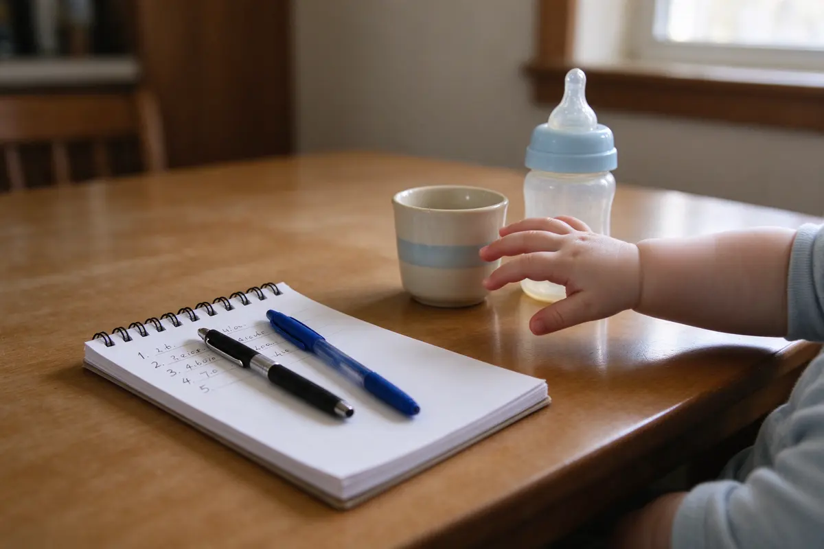 Close on the notepad with five numbered lines in two different handwritings, a cup and a bottle set side by side on the table behind it, the baby's hand reaching for the cup.